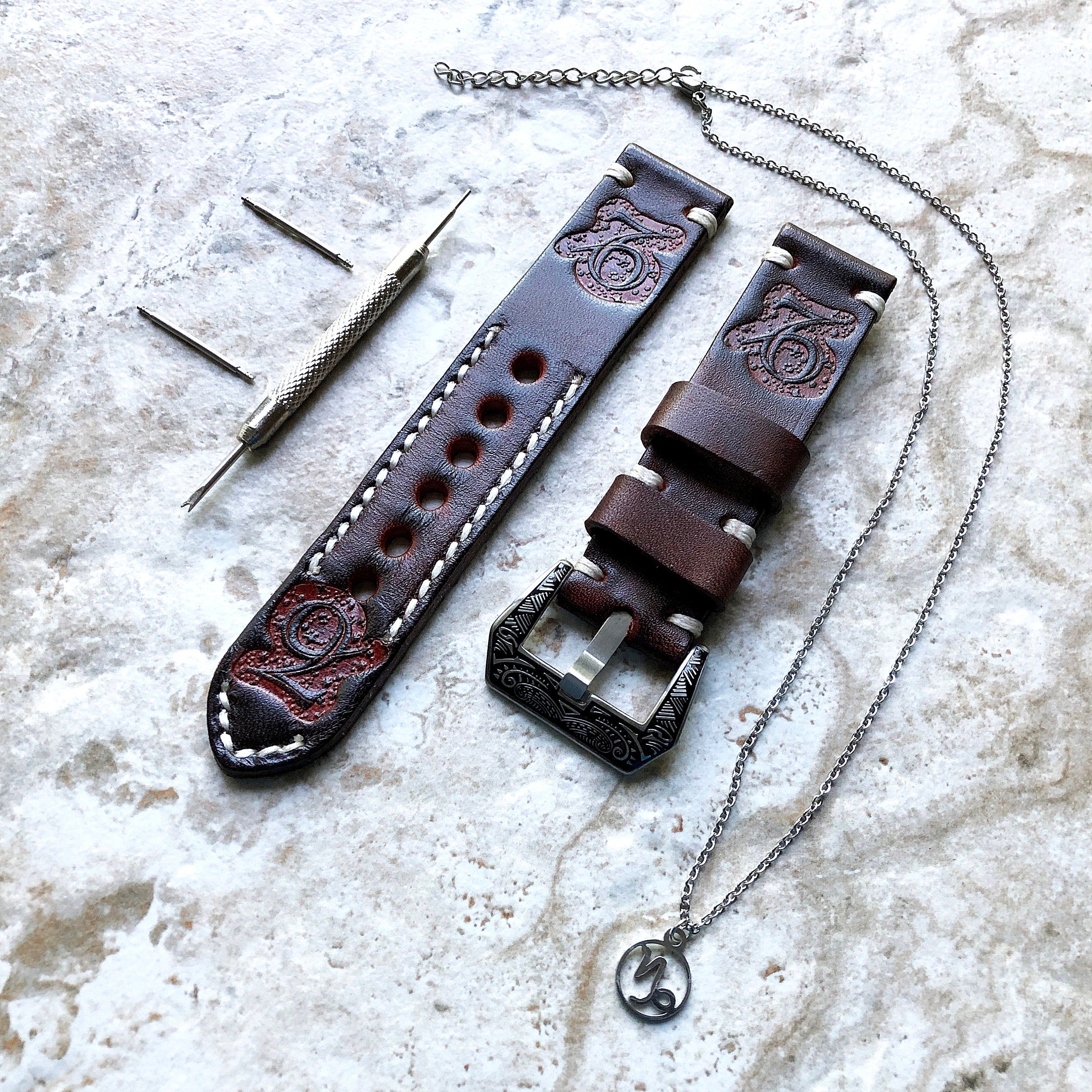 Capricorn Zodiac Band 22mm 24mm 25mm Genuine Brown Leather Tooled Embossed Handmade Strap Bracelet Kit for Watches and 25" Pendants Necklace